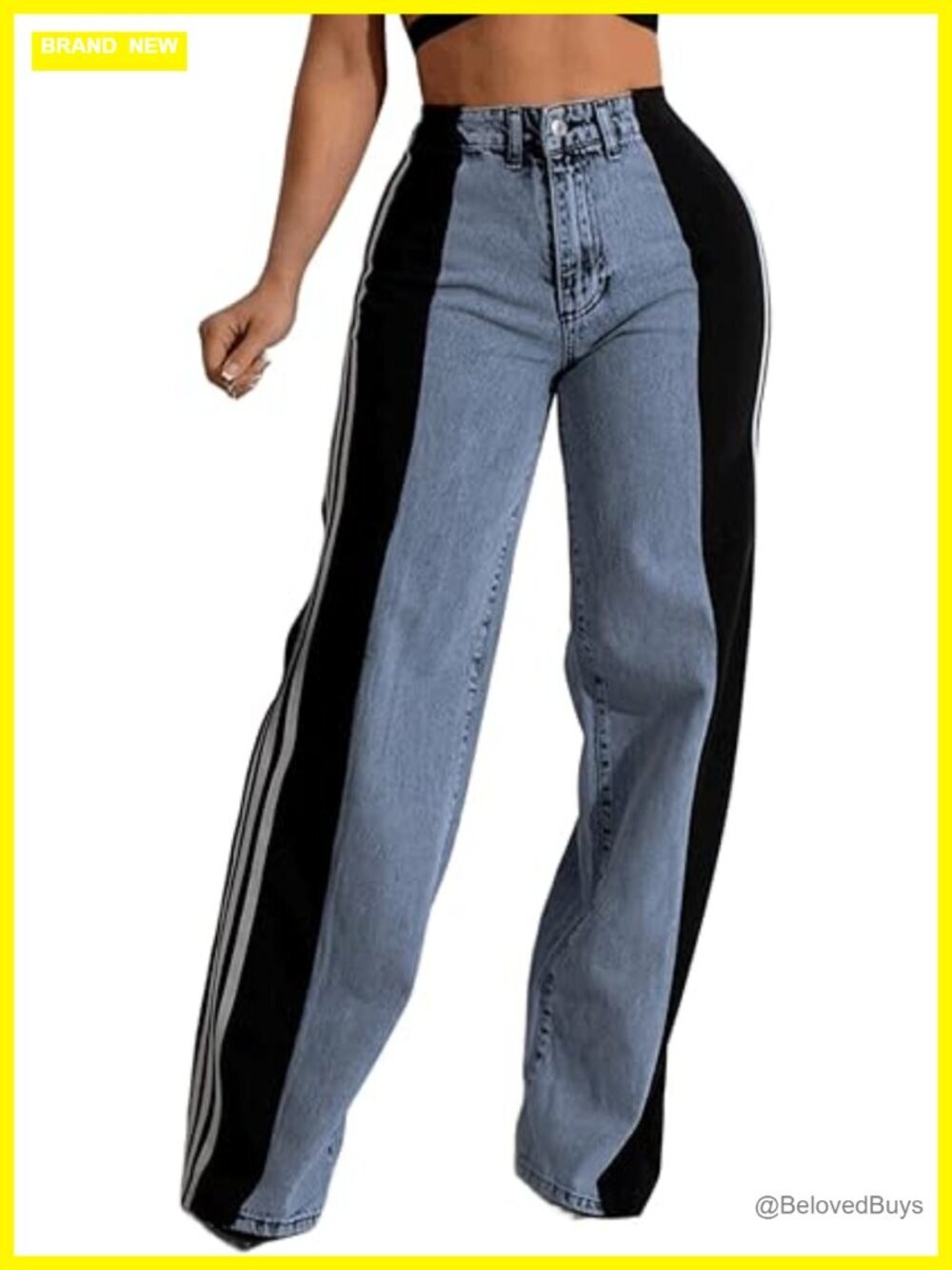 High Waisted Stretchy Wide Leg Patchwork Striped Jeans with Pockets